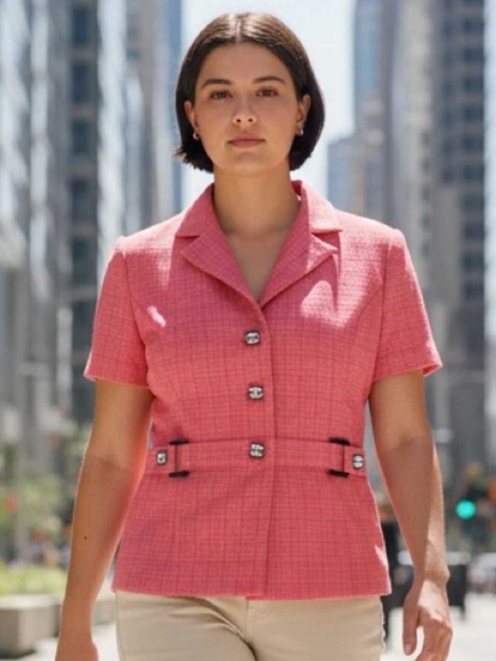 CHANEL buttons on Pink Tweed Short-Sleeve Belted too